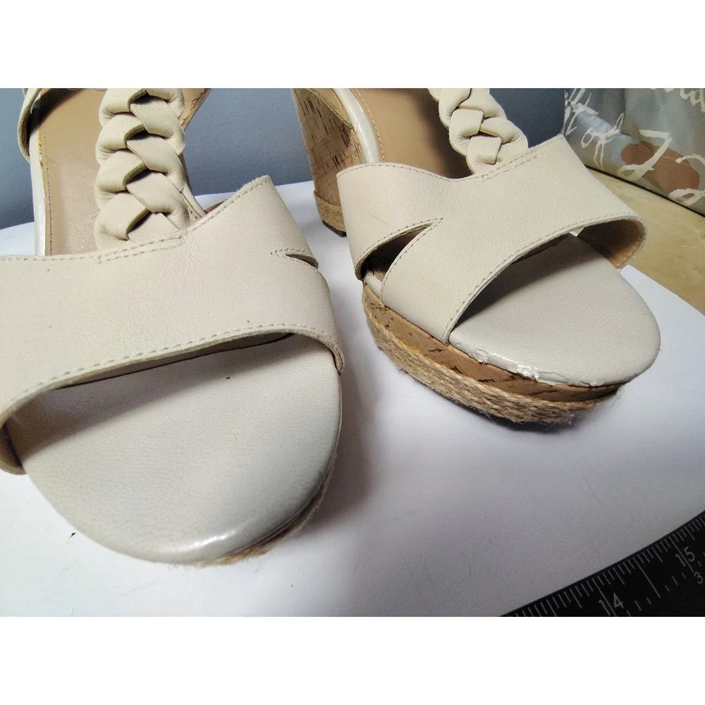 Franco Sarto Womens‎ Cream Leather Braided T-Strap Cork Espadrille Wedge Sandals